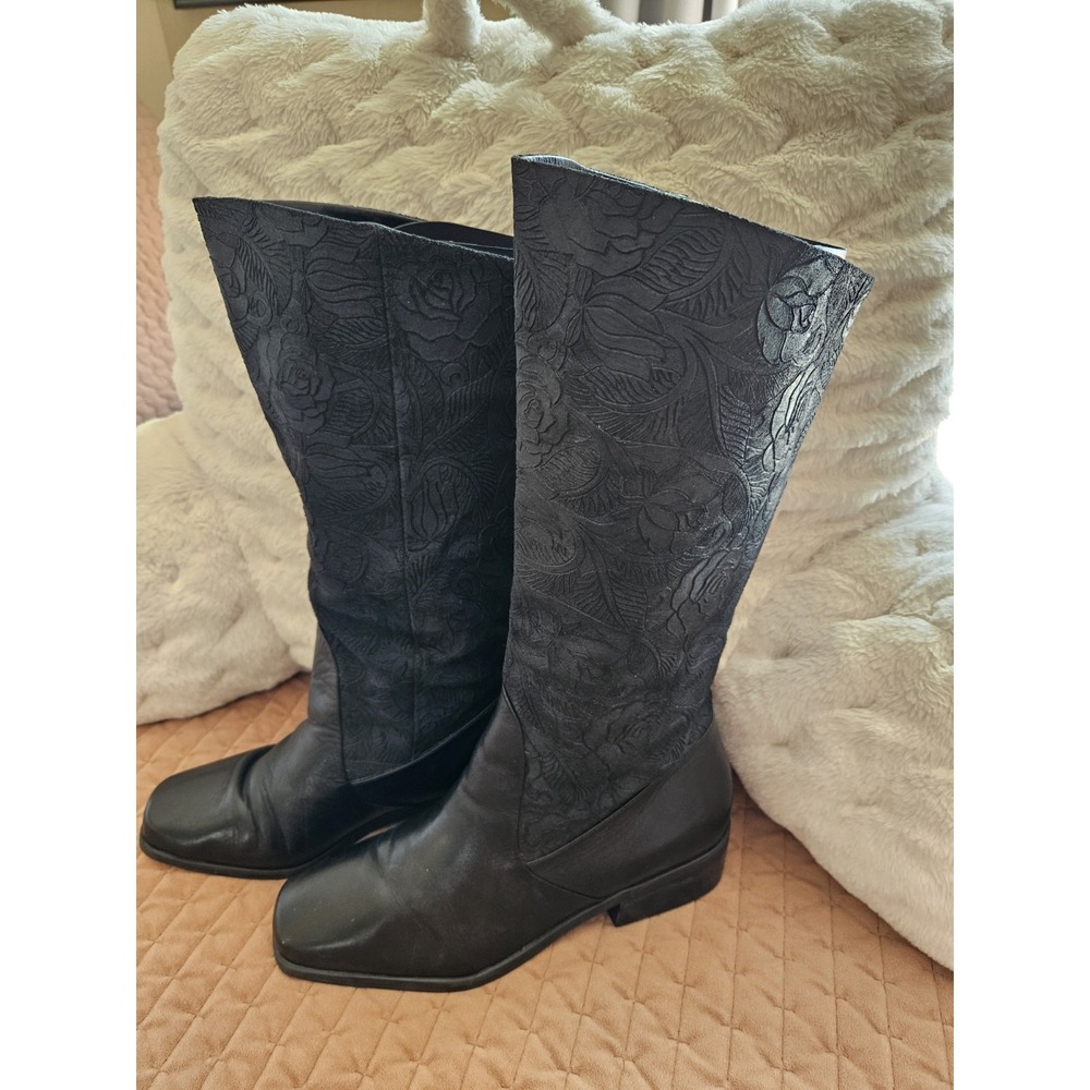 Markon Suela Black Floral Rose Embossed Suede Leather Boots Goth Steampunk 10M